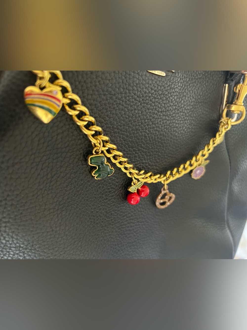 Black Pebbled Leather Charm Chain w/ Enamel Charms